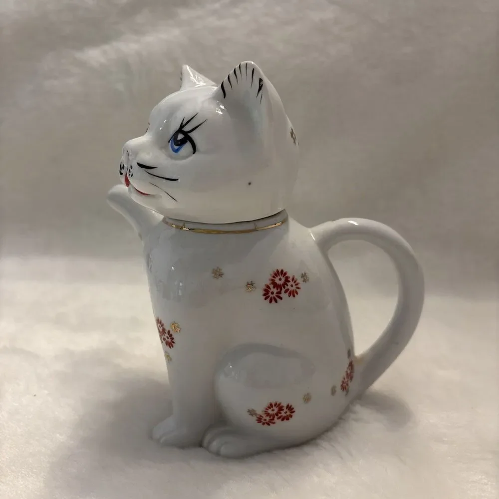 Chinese Lucky Cat Teapot/Creamer Red And White With Gold Accents